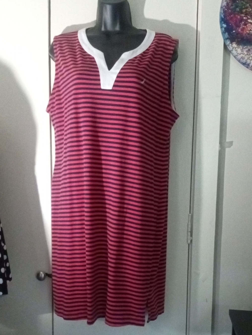 Nautica Striped Sleeveless Polo Shift Dress V-Neck Red Black XL